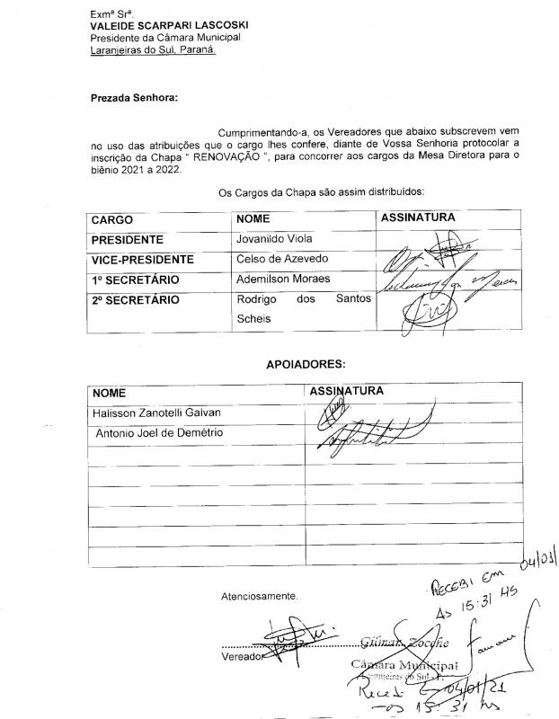 Chapa Renovação é protocolada para concorrer à Mesa Diretora